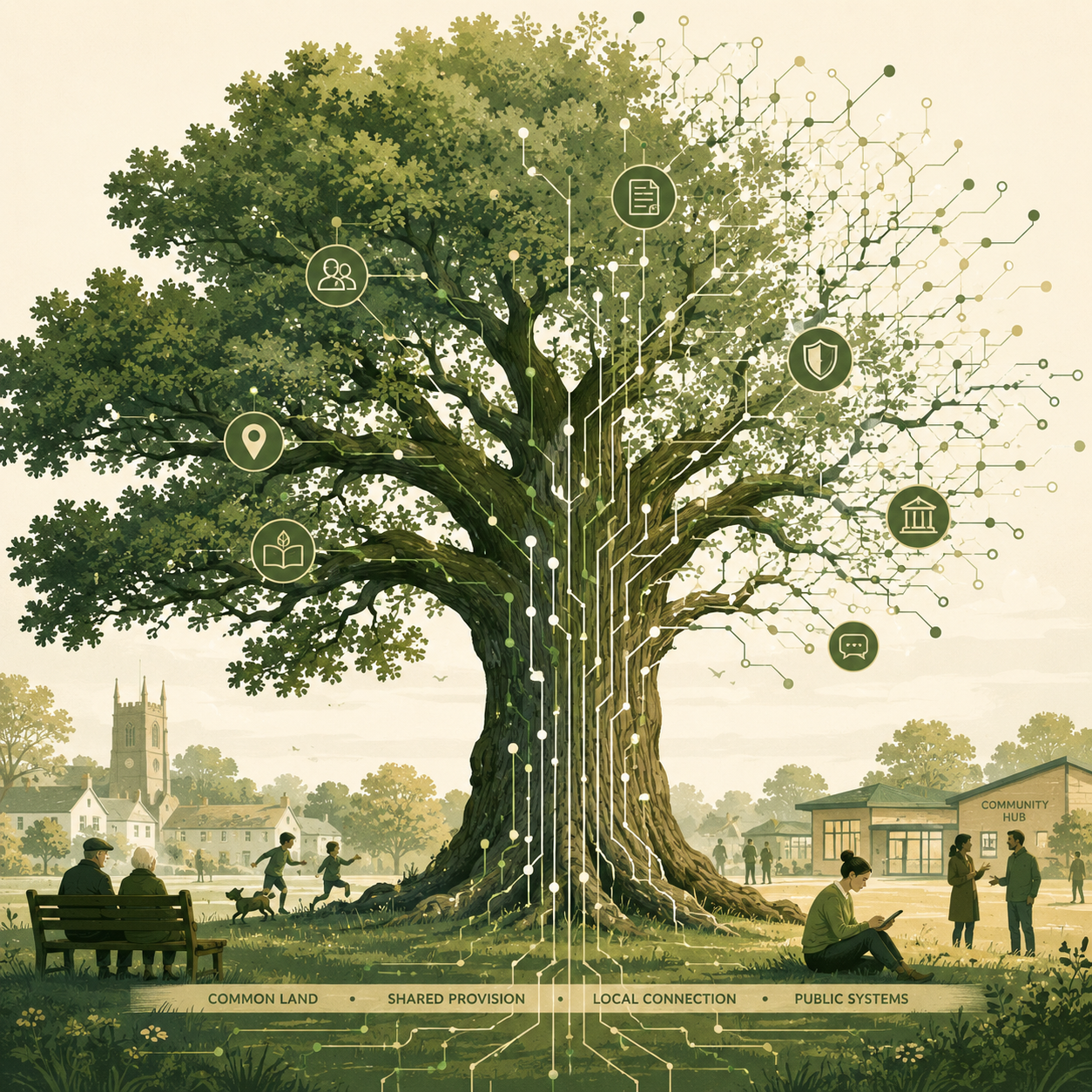 Illustration of a large tree connected to public systems and community icons