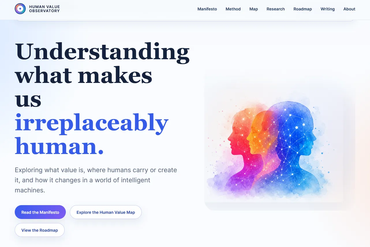 Human Value Observatory homepage preview with the headline Understanding what makes us irreplaceably human